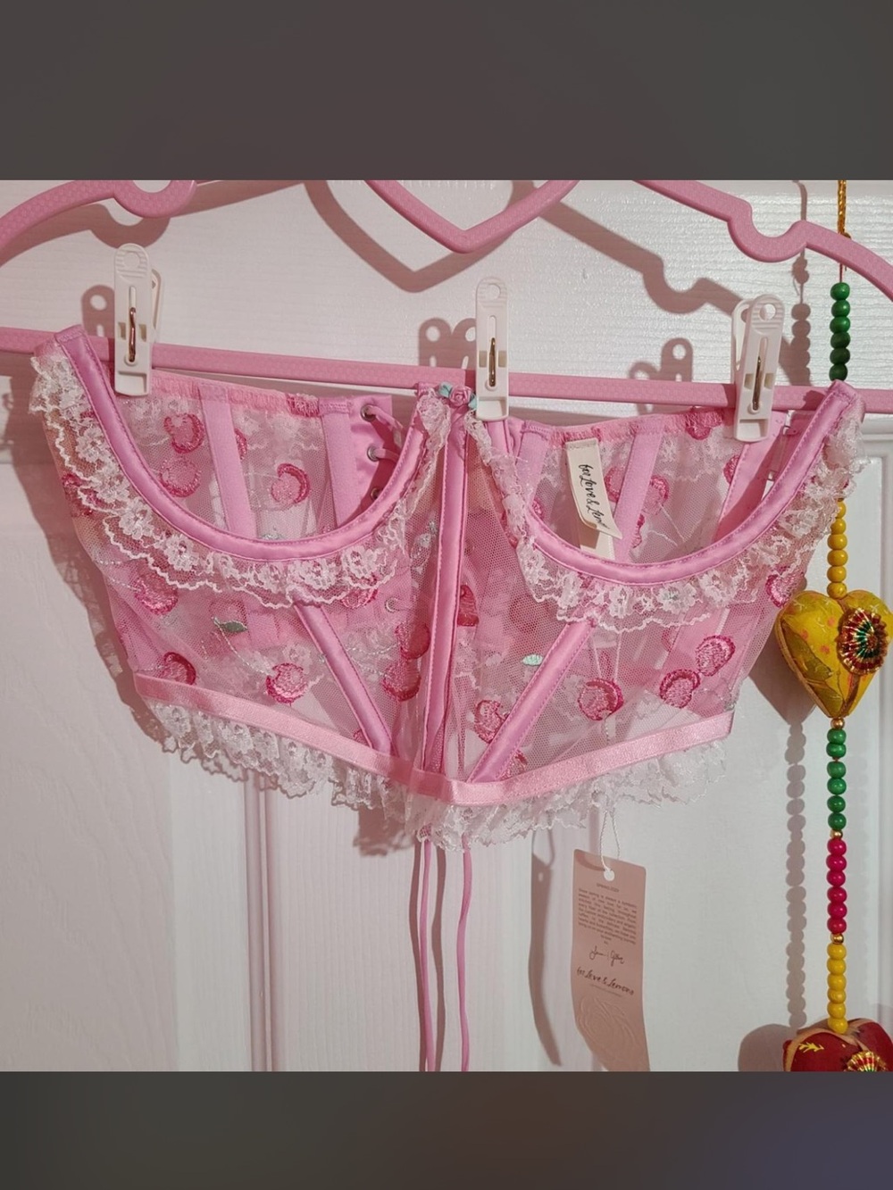 For Love And Lemons Pink Sweet Cherries Lace Corset Bustier